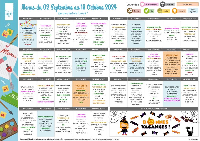 Menu de la cantine scolaire du 2 Septembre au 18 Octobre 2024