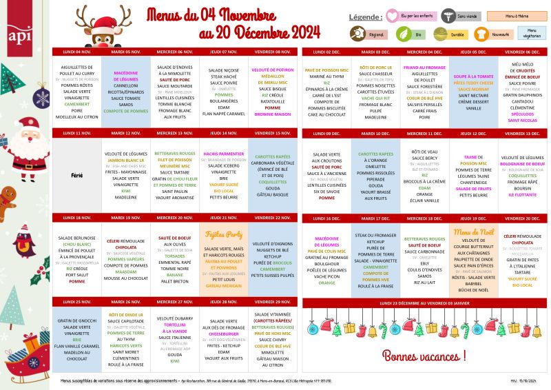 Menu de la cantine scolaire du 4 Novembre au 20 Décembre 2024