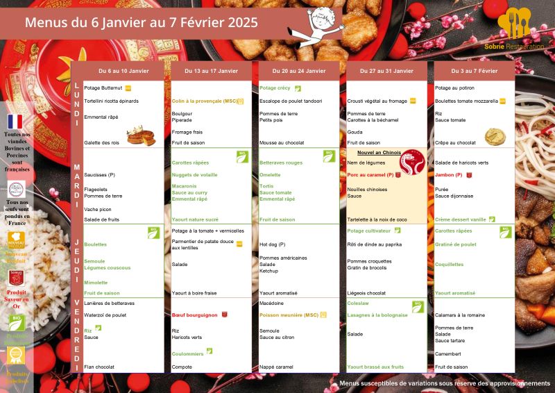 Menu de la cantine scolaire du 6 Janvier au 7 Février 2025