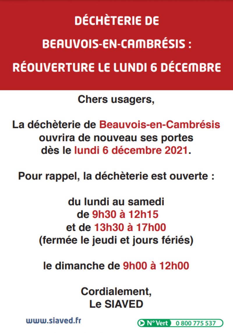 Réouverture déchèterie de Beauvois-en-Cambrésis